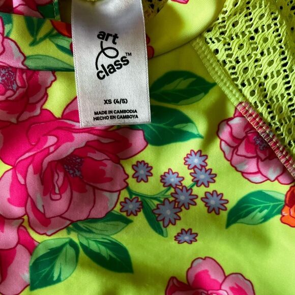 NWOT Girl's Pretty Peony Floral Printed One Piece Swimsuit Art Class XS 4/5 Pink - Picture 7 of 10